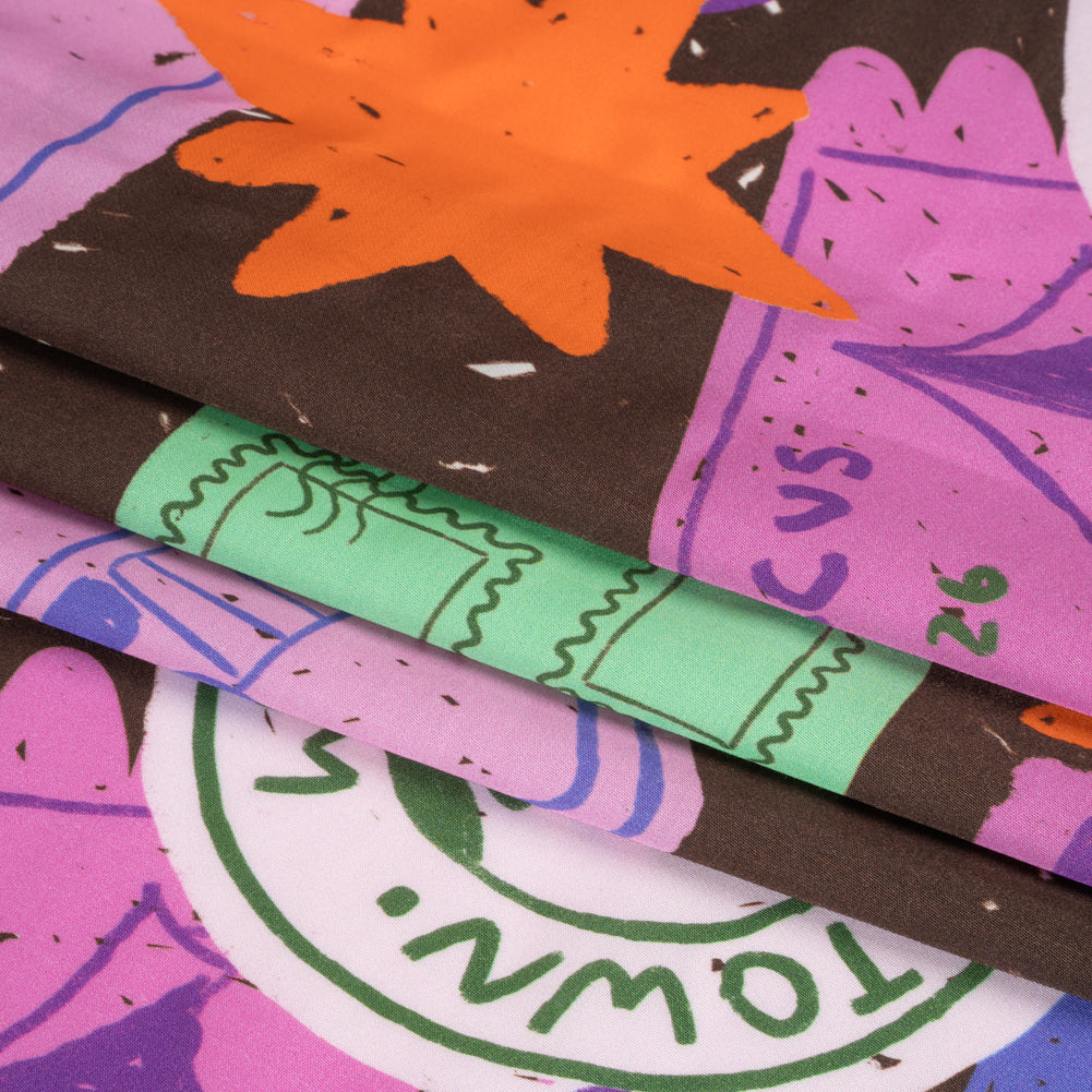 Sustainable and Recycled Viscose Satin Print - Purple, Mint and Blue Scrapbook Collage - Mood Exclusive Penpal Persona Full