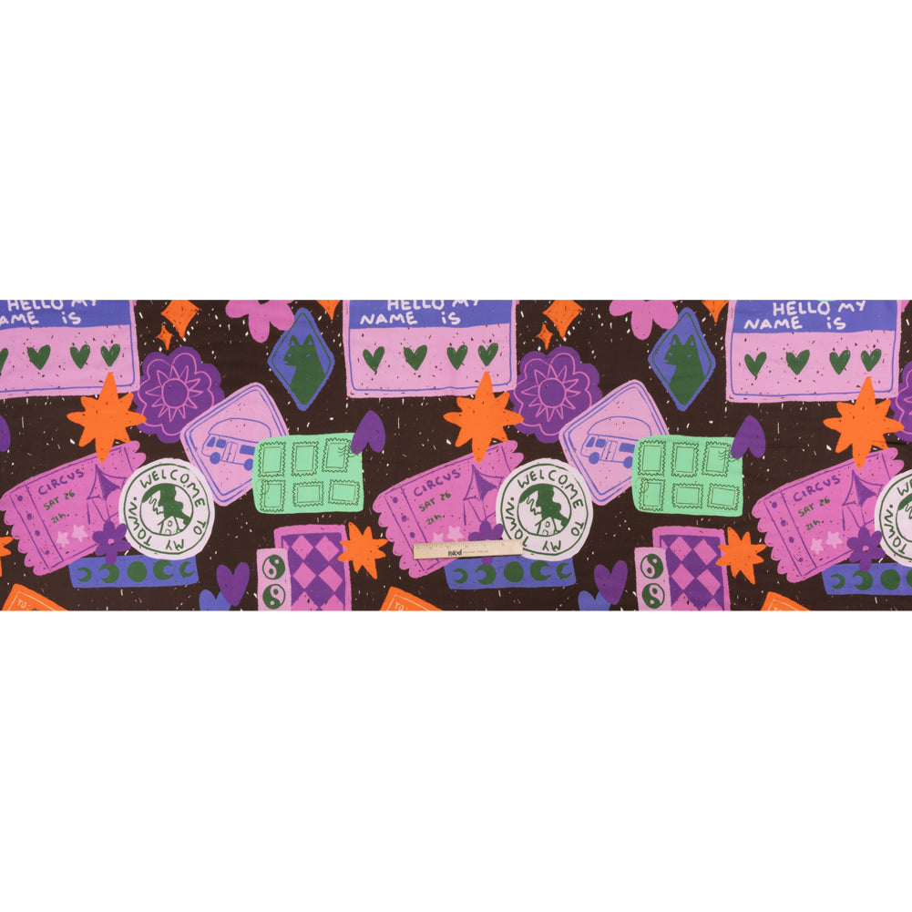 Sustainable and Recycled Viscose Satin Print - Purple, Mint and Blue Scrapbook Collage - Mood Exclusive Penpal Persona Drape