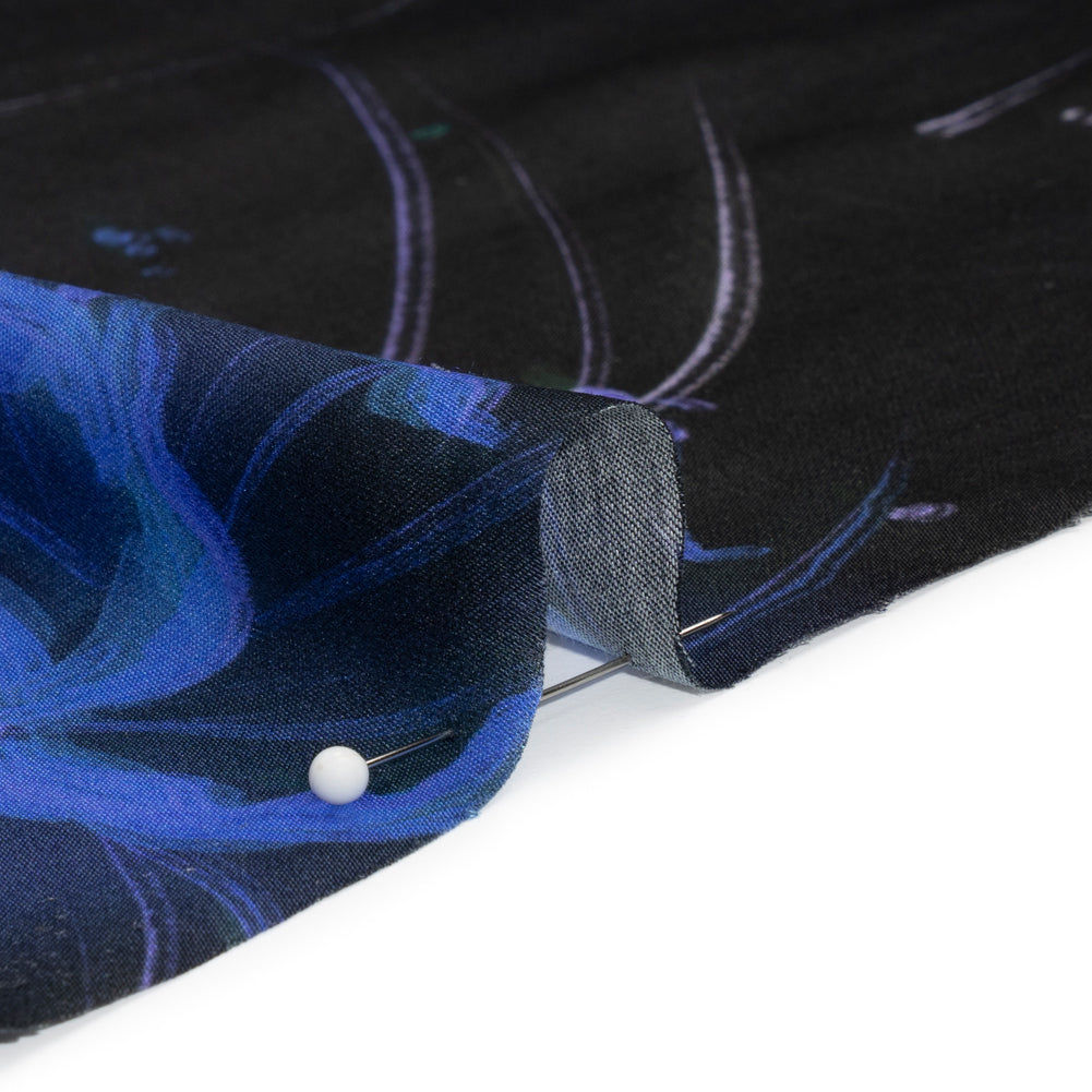 Sustainable and Recycled Viscose Satin Print - Blue and Black Glowing Florals - Mood Exclusive Marine Magic Folded