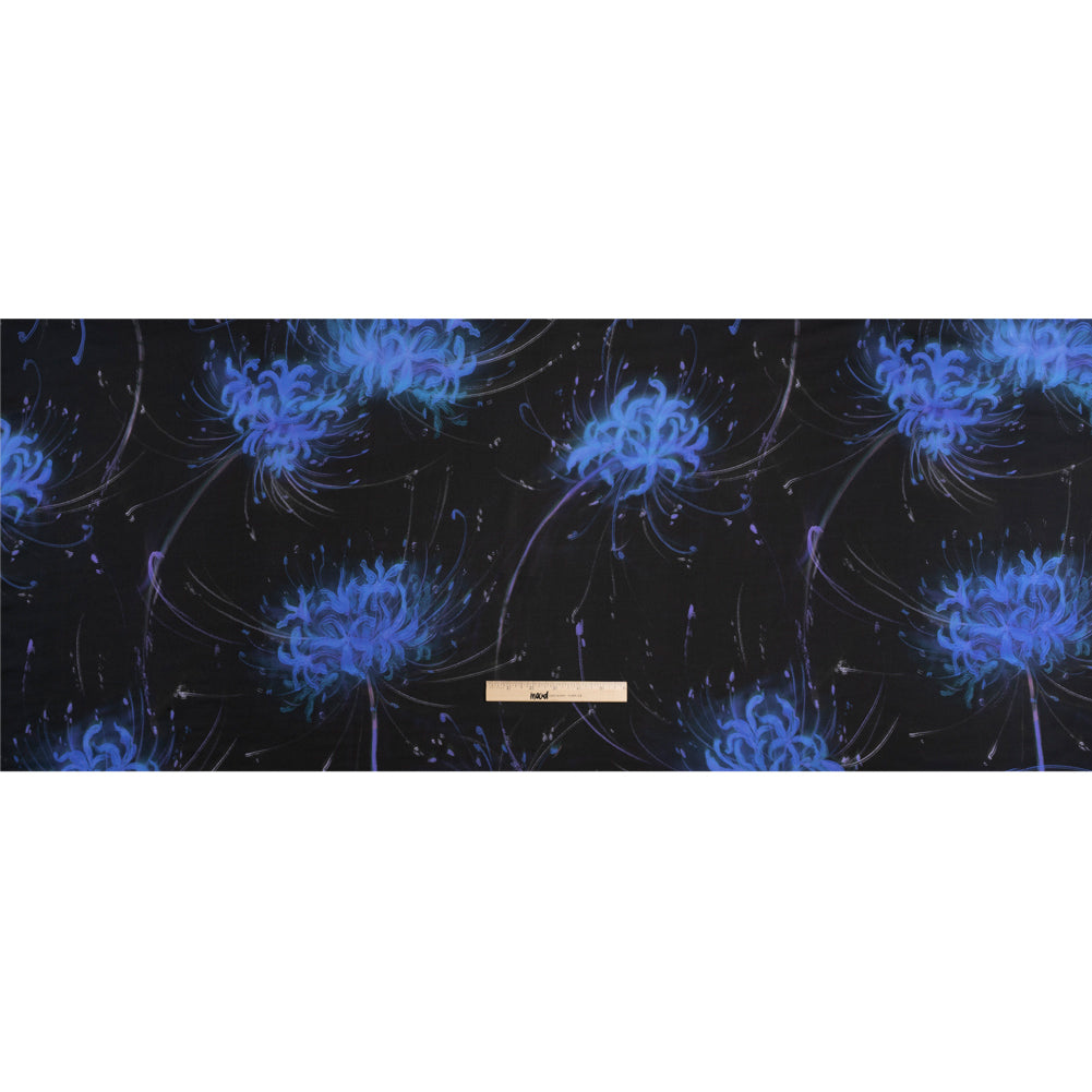 Sustainable and Recycled Viscose Satin Print - Blue and Black Glowing Florals - Mood Exclusive Marine Magic Drape