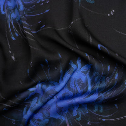 Sustainable and Recycled Viscose Satin Print - Blue and Black Glowing Florals - Mood Exclusive Marine Magic