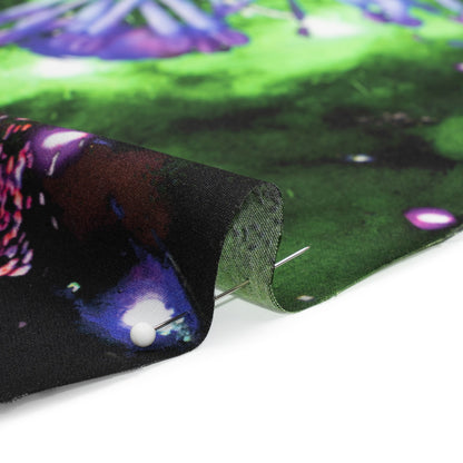 Sustainable and Recycled Viscose Satin Print - Purple, Black and Green Fireworks and Flowers - Mood Exclusive Mirrored in Nature Folded