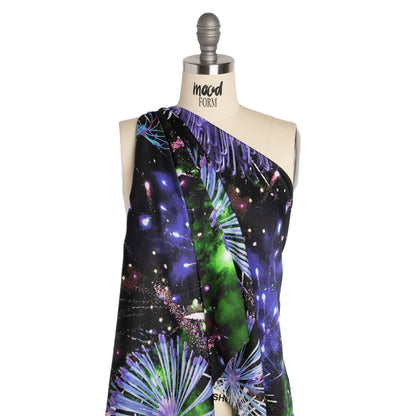 Sustainable and Recycled Viscose Satin Print - Purple, Black and Green Fireworks and Flowers - Mood Exclusive Mirrored in Nature Detail