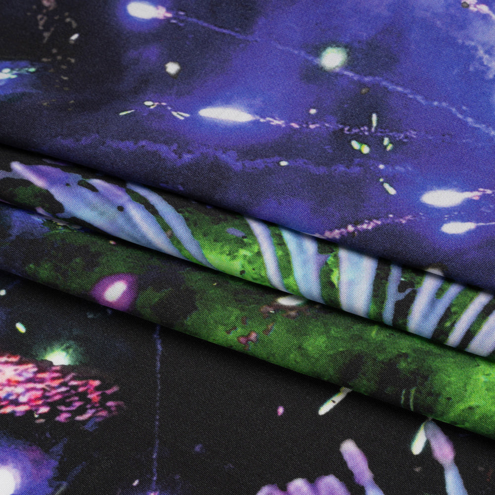 Sustainable and Recycled Viscose Satin Print - Purple, Black and Green Fireworks and Flowers - Mood Exclusive Mirrored in Nature Full