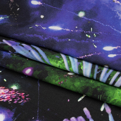 Sustainable and Recycled Viscose Satin Print - Purple, Black and Green Fireworks and Flowers - Mood Exclusive Mirrored in Nature Full