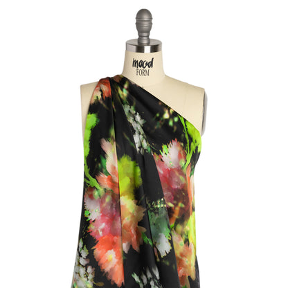 Sustainable and Recycled Viscose Satin Print - Lime Green, Red and Black Abstract Floral - Mood Exclusive Forest of Colors Detail