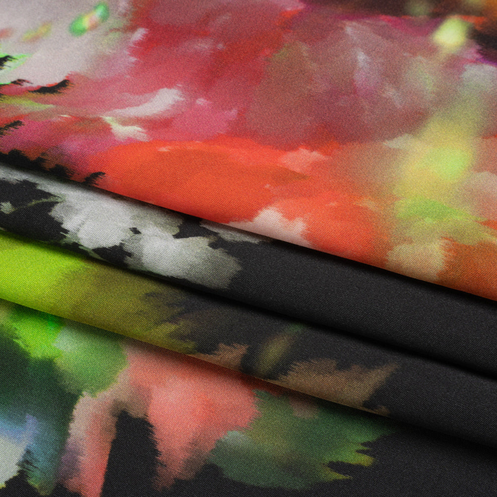 Sustainable and Recycled Viscose Satin Print - Lime Green, Red and Black Abstract Floral - Mood Exclusive Forest of Colors Full