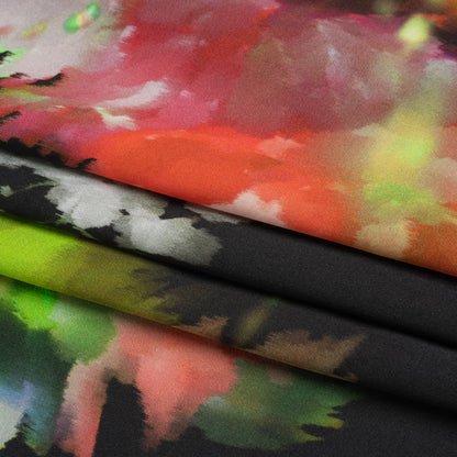 Sustainable and Recycled Viscose Satin Print - Lime Green, Red and Black Abstract Floral - Mood Exclusive Forest of Colors Full