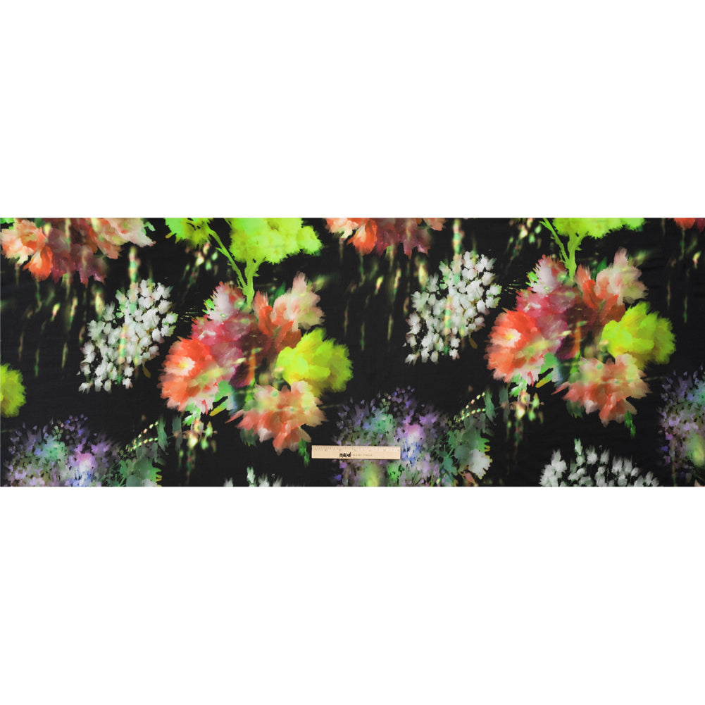 Sustainable and Recycled Viscose Satin Print - Lime Green, Red and Black Abstract Floral - Mood Exclusive Forest of Colors Drape