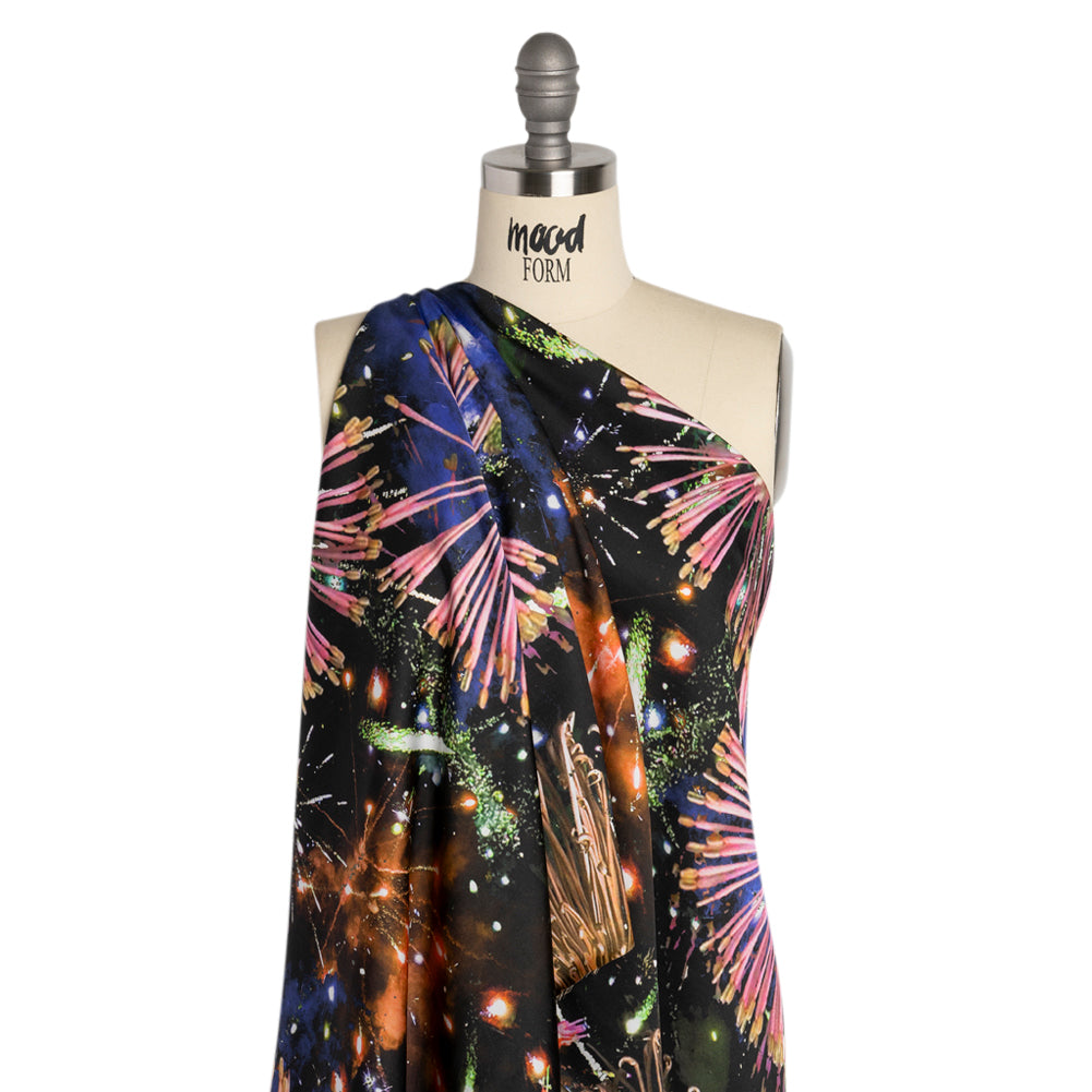 Sustainable and Recycled Viscose Satin Print - Pink, Orange and Black Fireworks and Flowers - Mood Exclusive Mirrored in Nature Detail