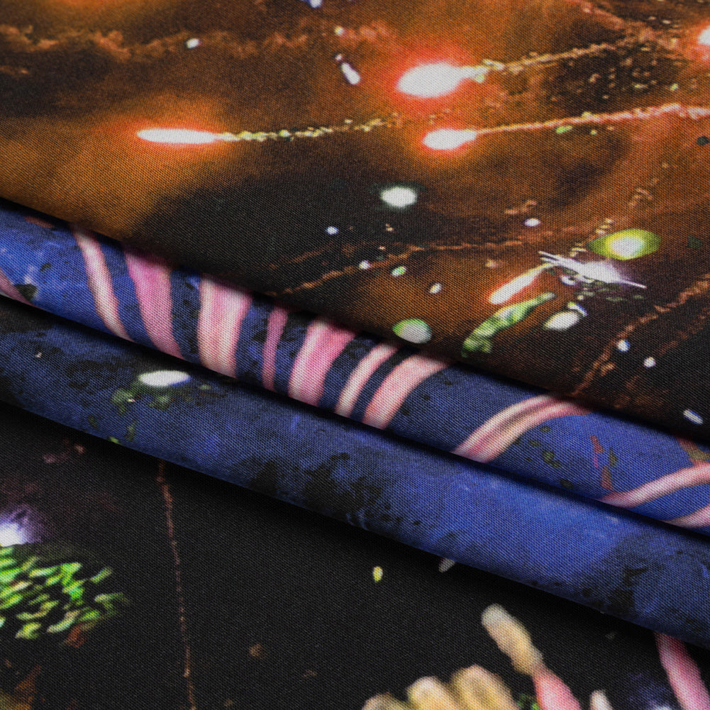 Sustainable and Recycled Viscose Satin Print - Pink, Orange and Black Fireworks and Flowers - Mood Exclusive Mirrored in Nature Full