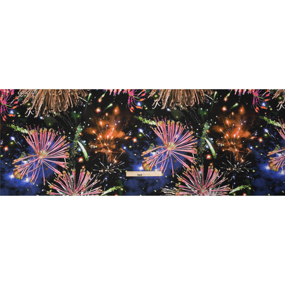 Sustainable and Recycled Viscose Satin Print - Pink, Orange and Black Fireworks and Flowers - Mood Exclusive Mirrored in Nature Drape