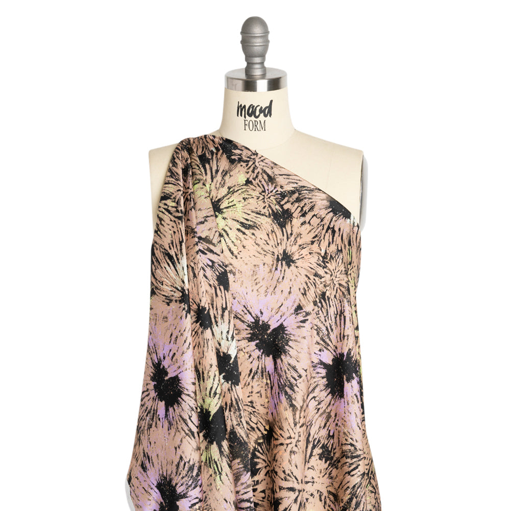 Sustainable and Recycled Viscose Satin Print - Taupe and Black Abstracted Floral - Mood Exclusive Bursting Gardens Detail