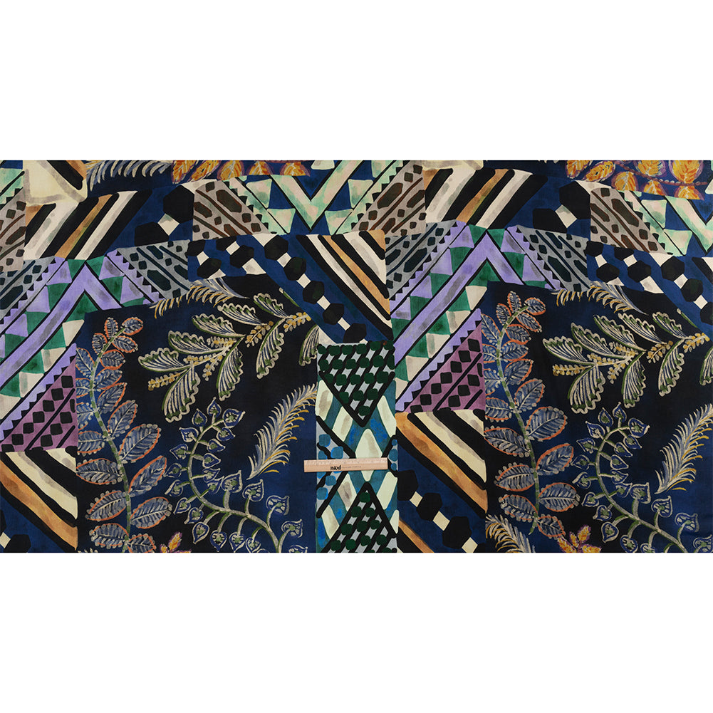 Sustainable Viscose Crepe Print - Blue, Green and Periwinkle Leafy and Geometric Patchwork - Mood Exclusive Curtain Call Full