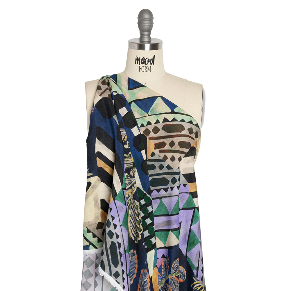 Sustainable Viscose Crepe Print - Blue, Green and Periwinkle Leafy and Geometric Patchwork - Mood Exclusive Curtain Call Drape