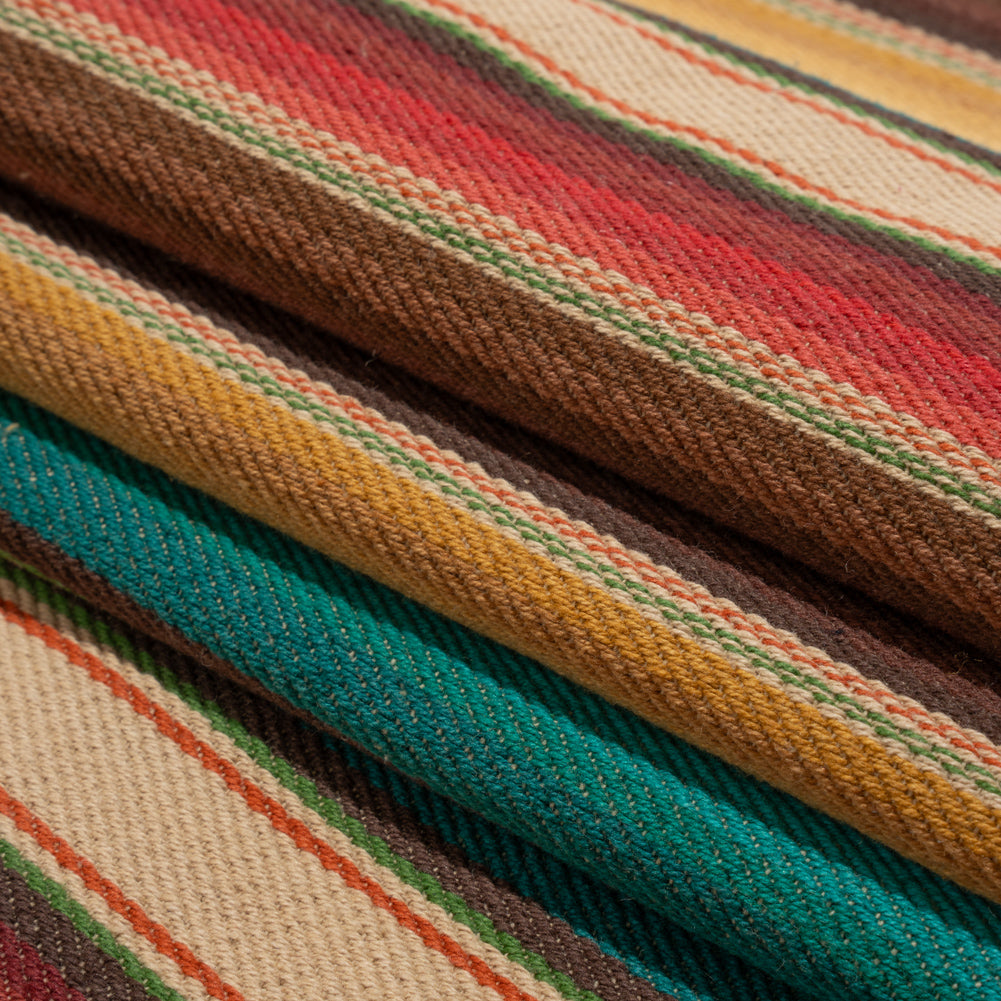 Arizona Red, Yellow Ochre and Turquoise Gradient Stripes Cotton Twill - Folded