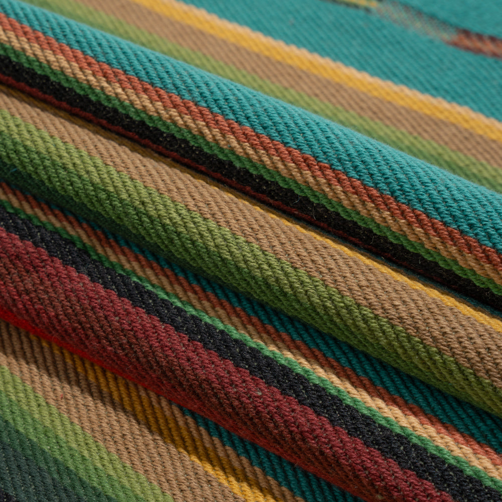 Arizona Turquoise, Red and Green Striped Cotton Twill - Folded