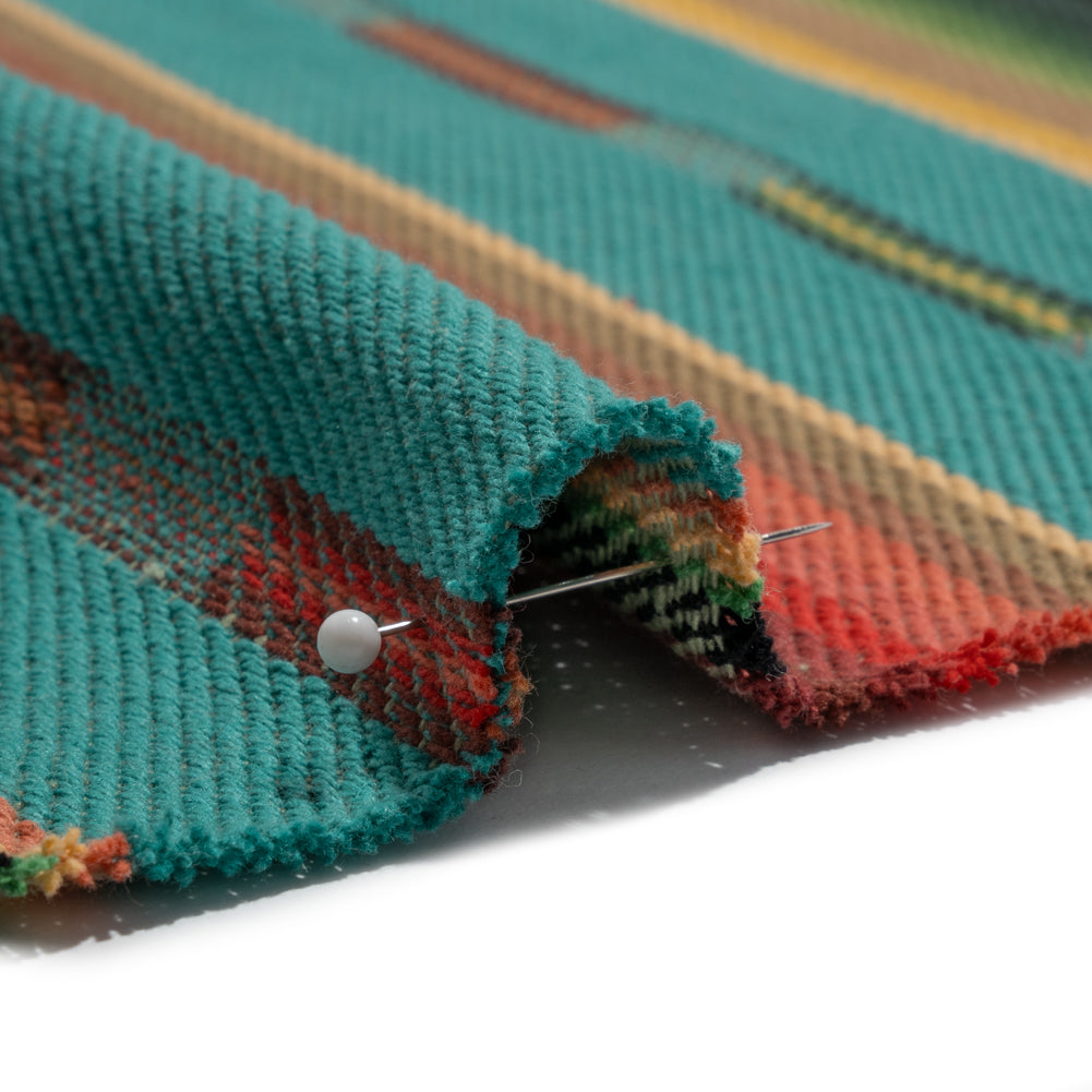 Arizona Turquoise, Red and Green Striped Cotton Twill - Detail