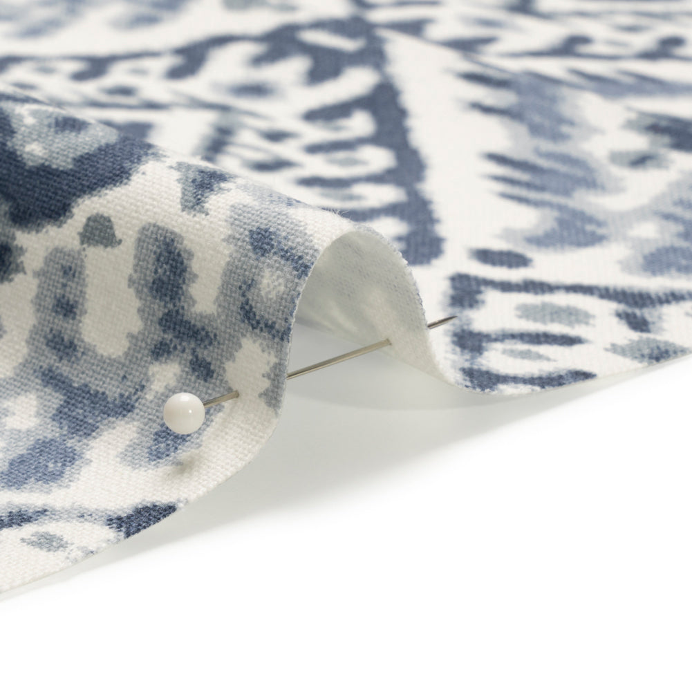 Muted Blue, Navy and White Decorative Ikat Diamonds Cotton Canvas Detail