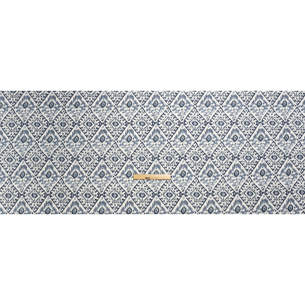 Muted Blue, Navy and White Decorative Ikat Diamonds Cotton Canvas Full