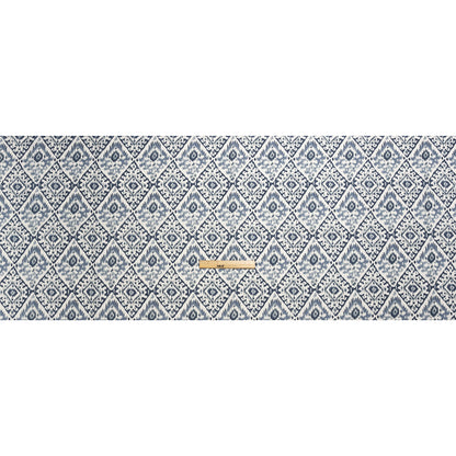 Muted Blue, Navy and White Decorative Ikat Diamonds Cotton Canvas Full