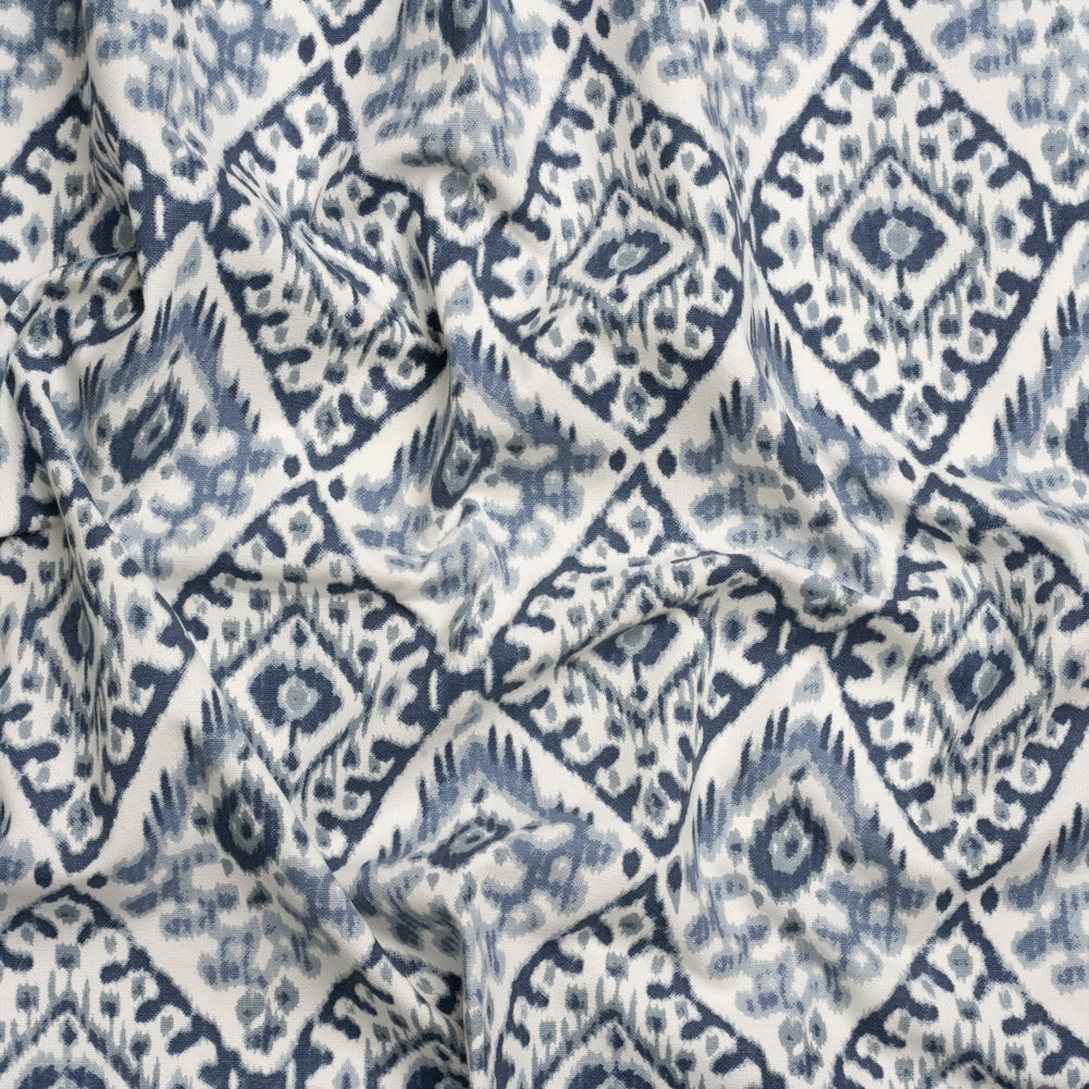 Muted Blue, Navy and White Decorative Ikat Diamonds Cotton Canvas