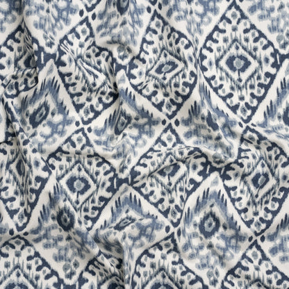 Muted Blue, Navy and White Decorative Ikat Diamonds Cotton Canvas