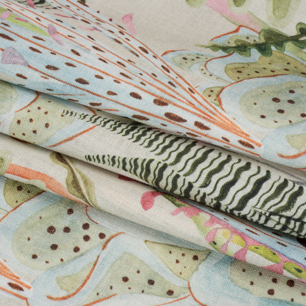 Green, Pastel Pink and Sky Blue Water Plants Slubbed Cotton Woven Folded