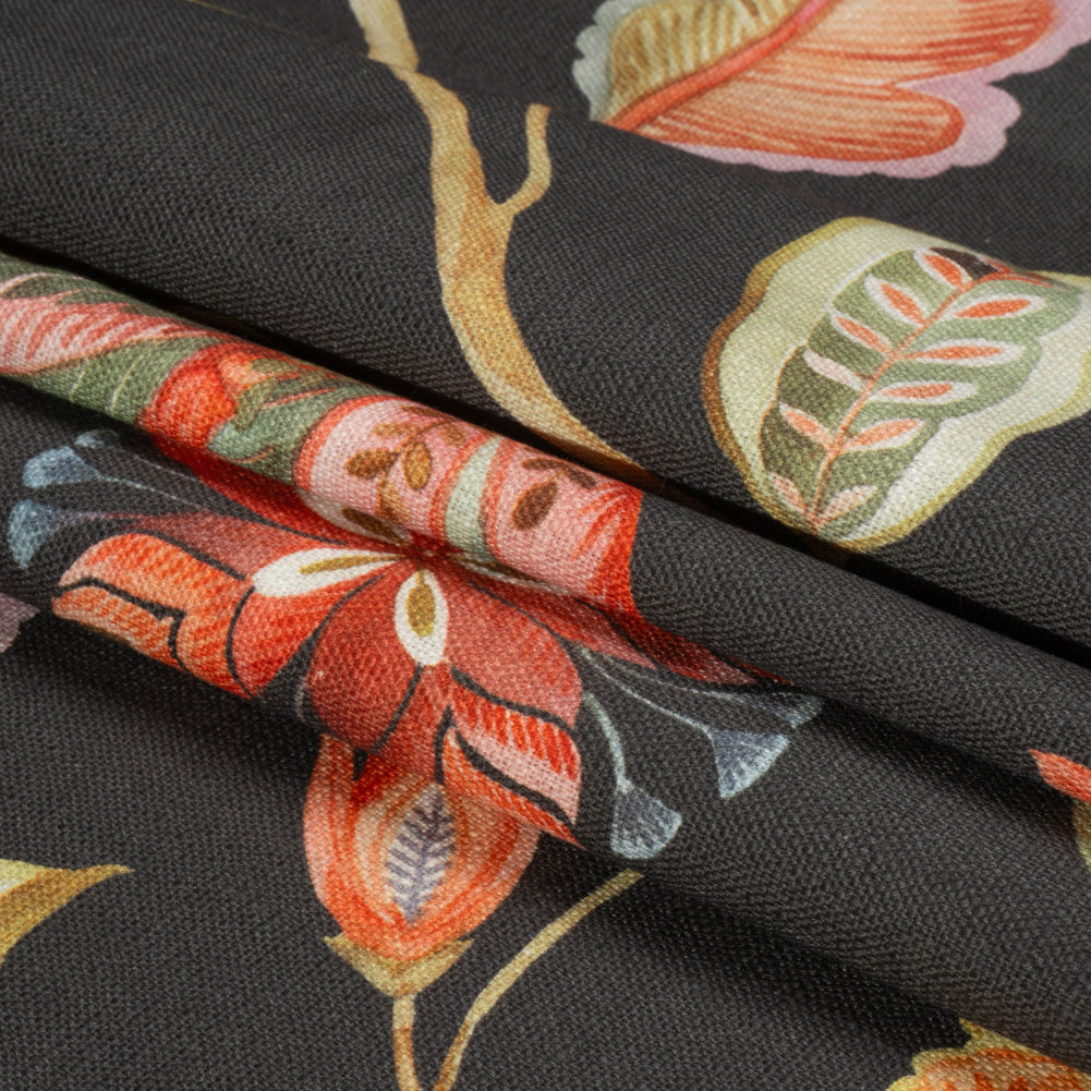 Shale, Red and Orange Floral Slubbed Cotton Woven Folded
