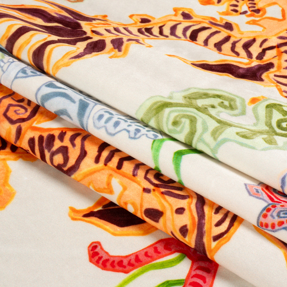 Orange, Red and Green Tigers and Dragons Polyester Velvet Folded