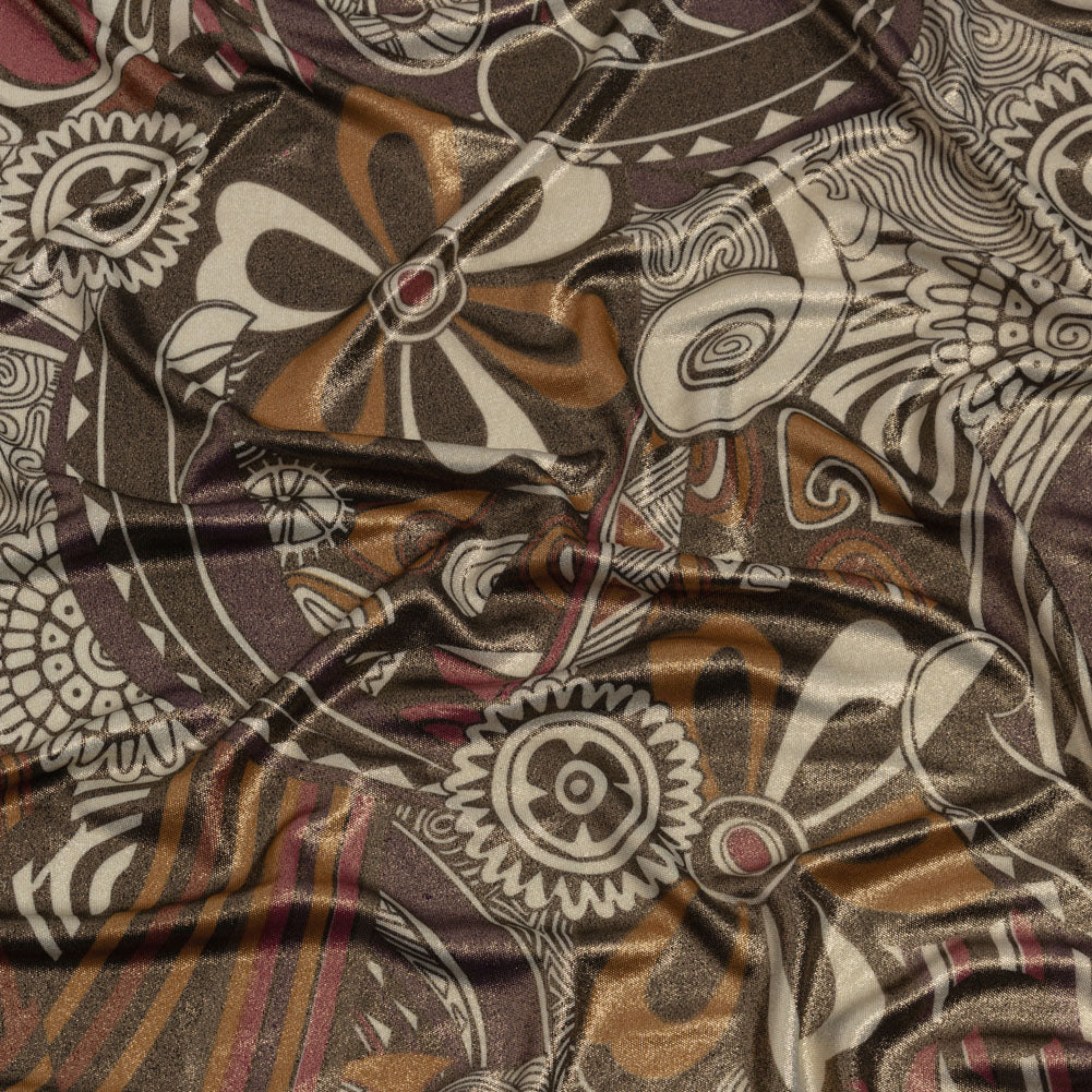 Purple, Fuchsia and Goldenrod Retro Floral SIlk Jersey with Gold Foil