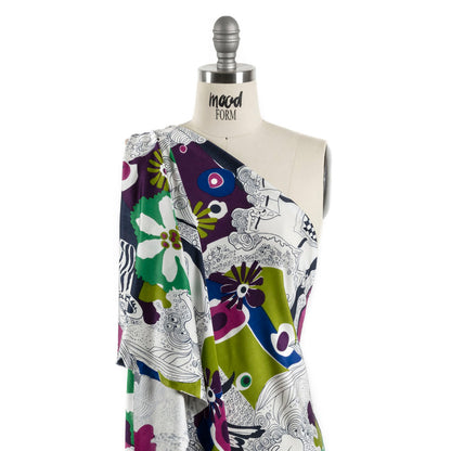 Magenta, Kiwi and Navy Flowers and Animal Sketches Silk Jersey Detail