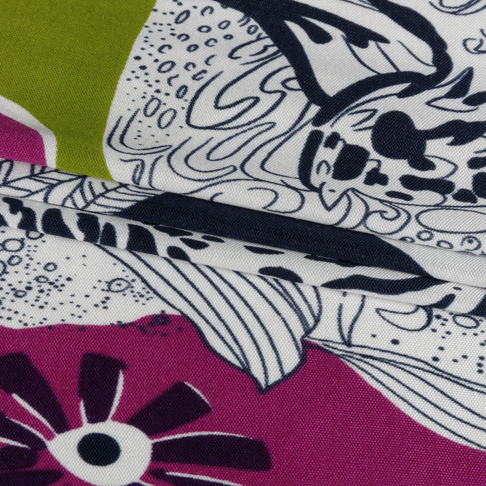 Magenta, Kiwi and Navy Flowers and Animal Sketches Silk Jersey Full
