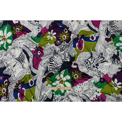 Magenta, Kiwi and Navy Flowers and Animal Sketches Silk Jersey Drape