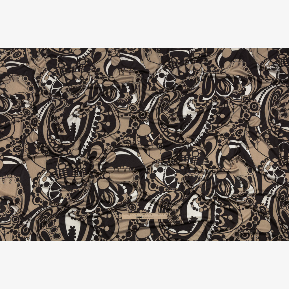 Chocolate, Tan and Whisper White Retro Flowers and Circles Silk Jersey Drape