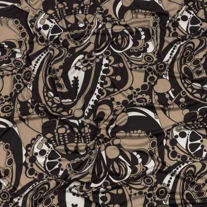 Chocolate, Tan and Whisper White Retro Flowers and Circles Silk Jersey