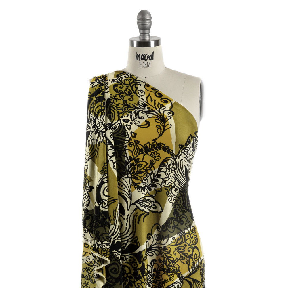 Olive, Goldenrod, and Kiwi Diamonds and Floral Outlines Silk Jersey Detail