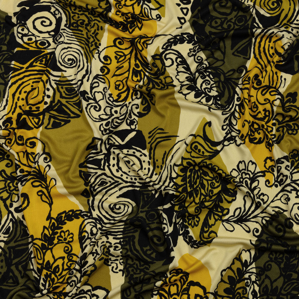 Olive, Goldenrod, and Kiwi Diamonds and Floral Outlines Silk Jersey