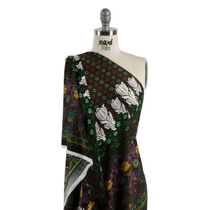 Brown, Green and Plum Waterlilies and Irises Border Silk Jersey Detail