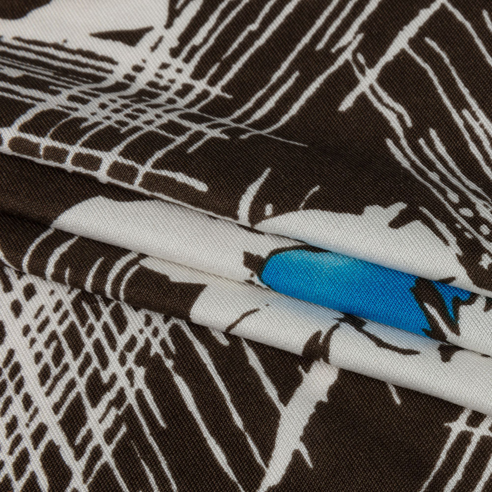 Dark Brown, Bright Blue and Cream Flowers and Crosshatching Silk Jersey Full