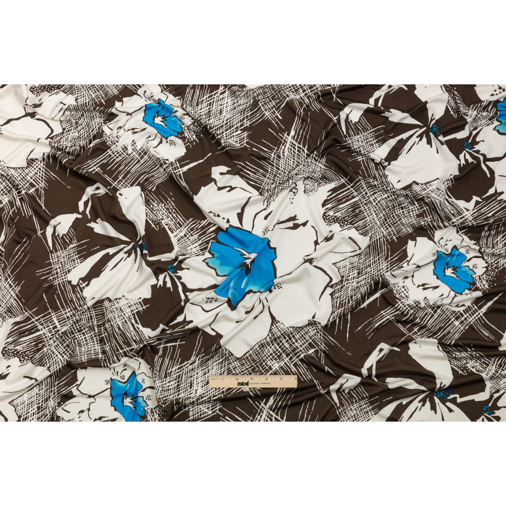 Dark Brown, Bright Blue and Cream Flowers and Crosshatching Silk Jersey Drape
