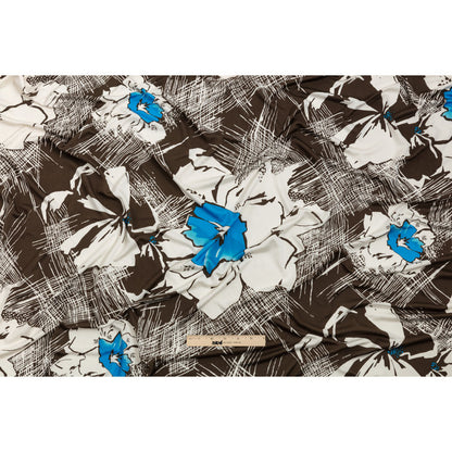 Dark Brown, Bright Blue and Cream Flowers and Crosshatching Silk Jersey Drape