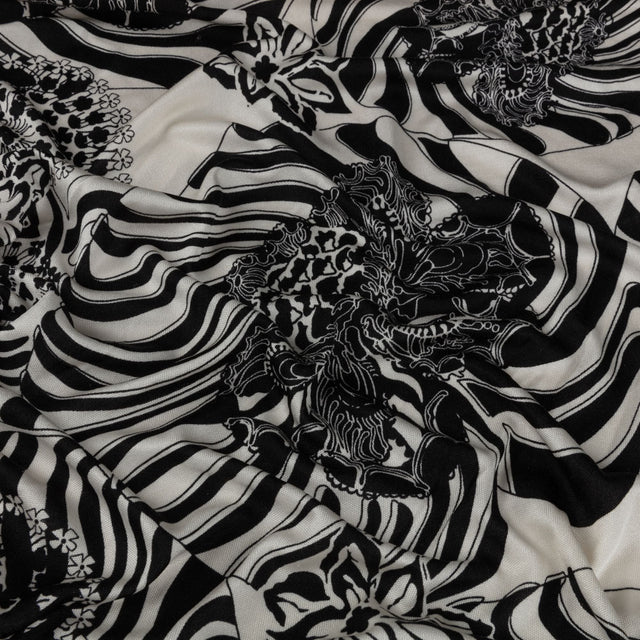 Black and White Floral Delight Silk Jersey