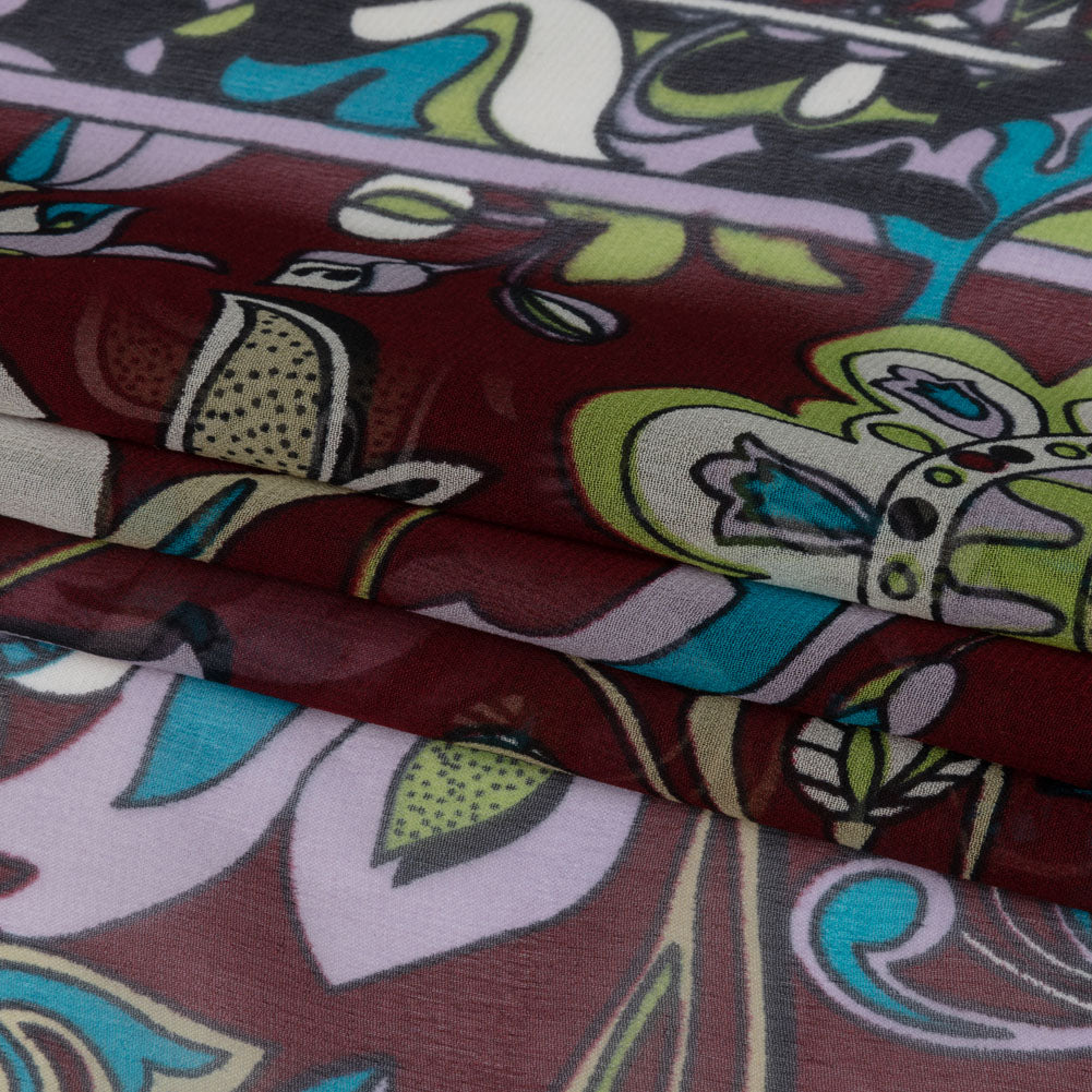 Wine, Turquoise and Lime Florals and Border Stripes Silk Chiffon Full