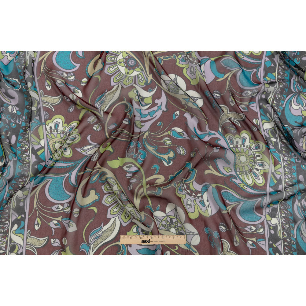 Wine, Turquoise and Lime Florals and Border Stripes Silk Chiffon Drape