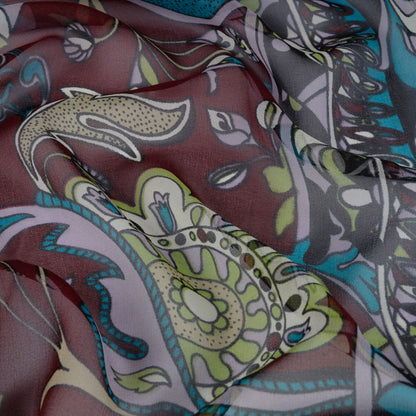 Wine, Turquoise and Lime Florals and Border Stripes Silk Chiffon