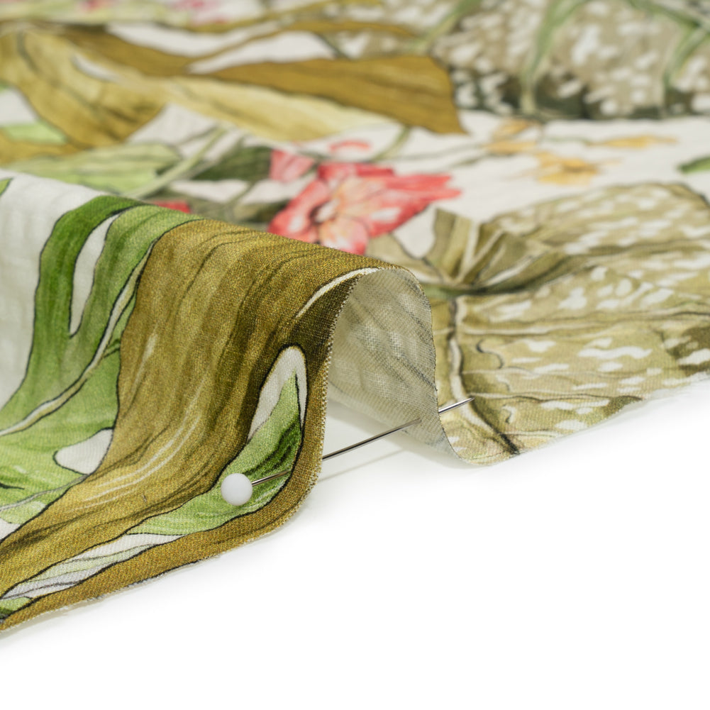 Cotton and Viscose Striped Seersucker Print - White, Green and Pink Tropical Leaves and Flowers - Mood Exclusive Monstera Mambo Detail