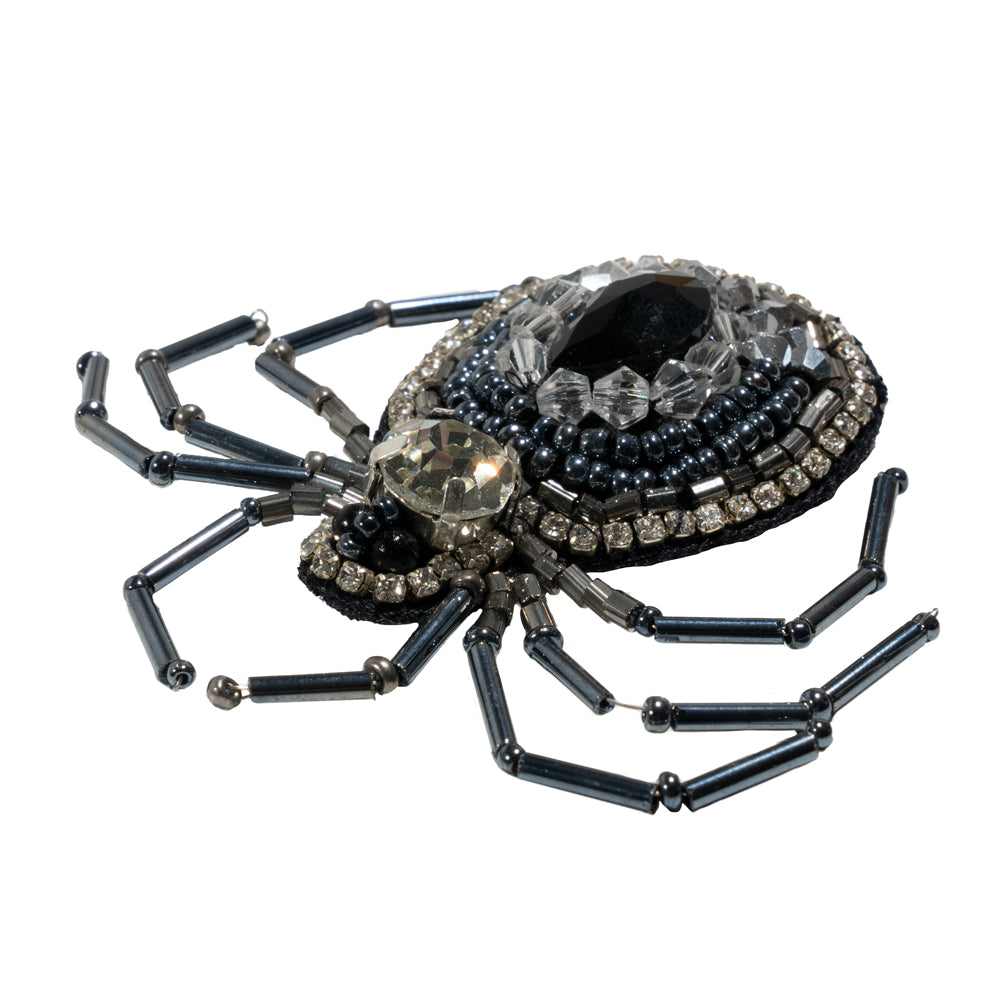 Crystal, Gunmetal and Iron Spider Rhinestone and Glass Beaded Applique - 2.625" X 2.875" Folded