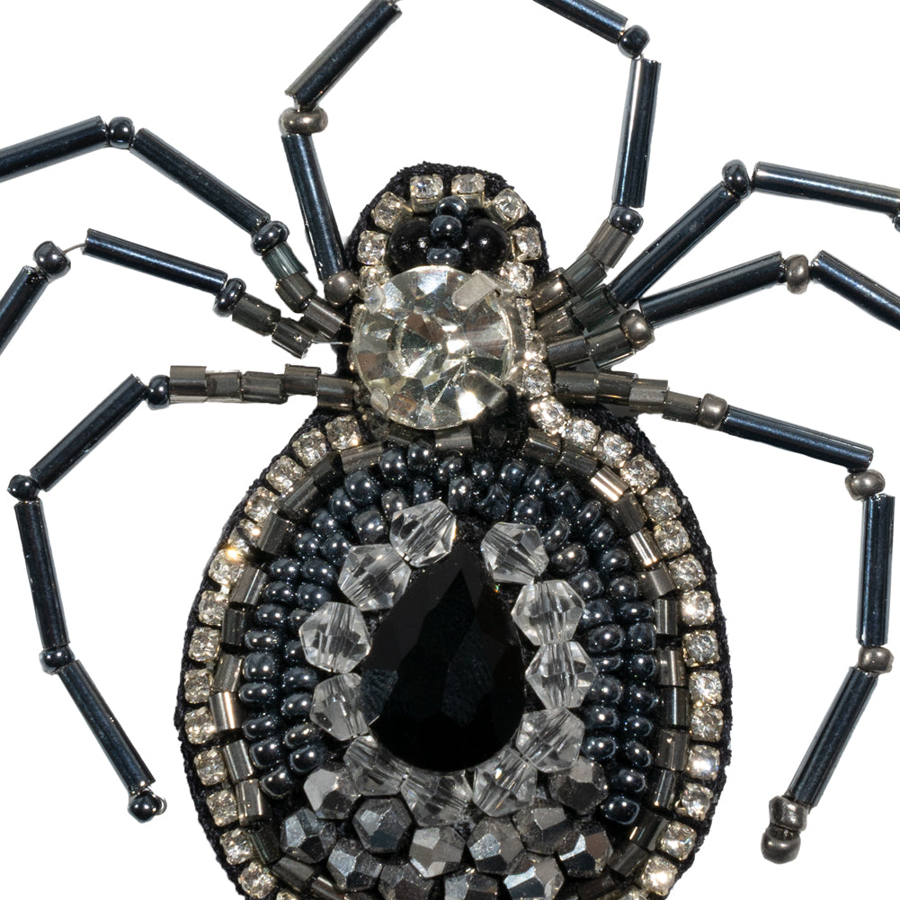 Crystal, Gunmetal and Iron Spider Rhinestone and Glass Beaded Applique - 2.625" X 2.875" Detail