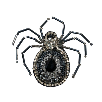 Crystal, Gunmetal and Iron Spider Rhinestone and Glass Beaded Applique - 2.625" X 2.875"